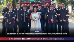 BOMBERO FUNENSE DIO EL SI Y SUS COMPAÑEROS LO SORPRENDIERON CON UNA GUARDIA DE HONOR