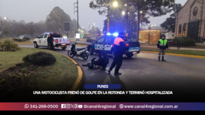 FUNES: UNA MOTOCICLISTA FRENÓ DE GOLPE EN LA ROTONDA Y TERMINÓ HOSPITALIZADA