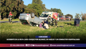 ACCIDENTE EN LA RUTA 1V09: CHOQUE POR ALCANCE, UN VUELCO Y UN CONDUCTOR HOSPITALIZADO