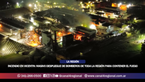 INCENDIO EN VICENTIN: MASIVO DESPLIEGUE DE BOMBEROS DE TODA LA REGIÓN PARA CONTENER EL FUEGO