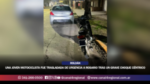 ROLDÁN: UNA JOVEN MOTOCICLISTA FUE TRASLADADA DE URGENCIA A ROSARIO TRAS UN GRAVE CHOQUE CÉNTRICO