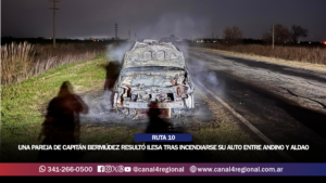 RUTA 10: UNA PAREJA DE CAPITÁN BERMÚDEZ RESULTÓ ILESA TRAS INCENDIARSE SU AUTO ENTRE ANDINO Y ALDAO