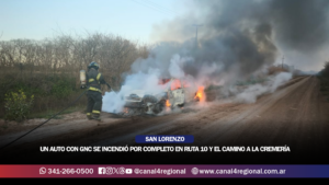 SAN LORENZO: UN AUTO CON GNC SE INCENDIÓ POR COMPLETO EN RUTA 10 Y EL CAMINO A LA CREMERÍA