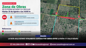 ROLDÁN: LA RUTA A012 ESTARÁ TOTALMENTE CORTADA POR OBRAS ENTRE LA RUTA 9 Y CALLE GÁLVEZ