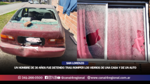 SAN LORENZO: UN HOMBRE DE 30 AÑOS FUE DETENIDO TRAS ROMPER LOS VIDRIOS DE UNA CASA Y DE UN AUTO